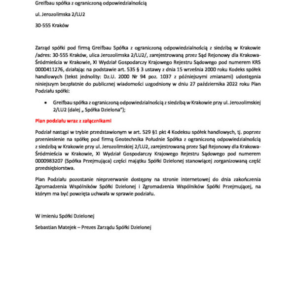 Ogłoszenie o planie podziału spółek